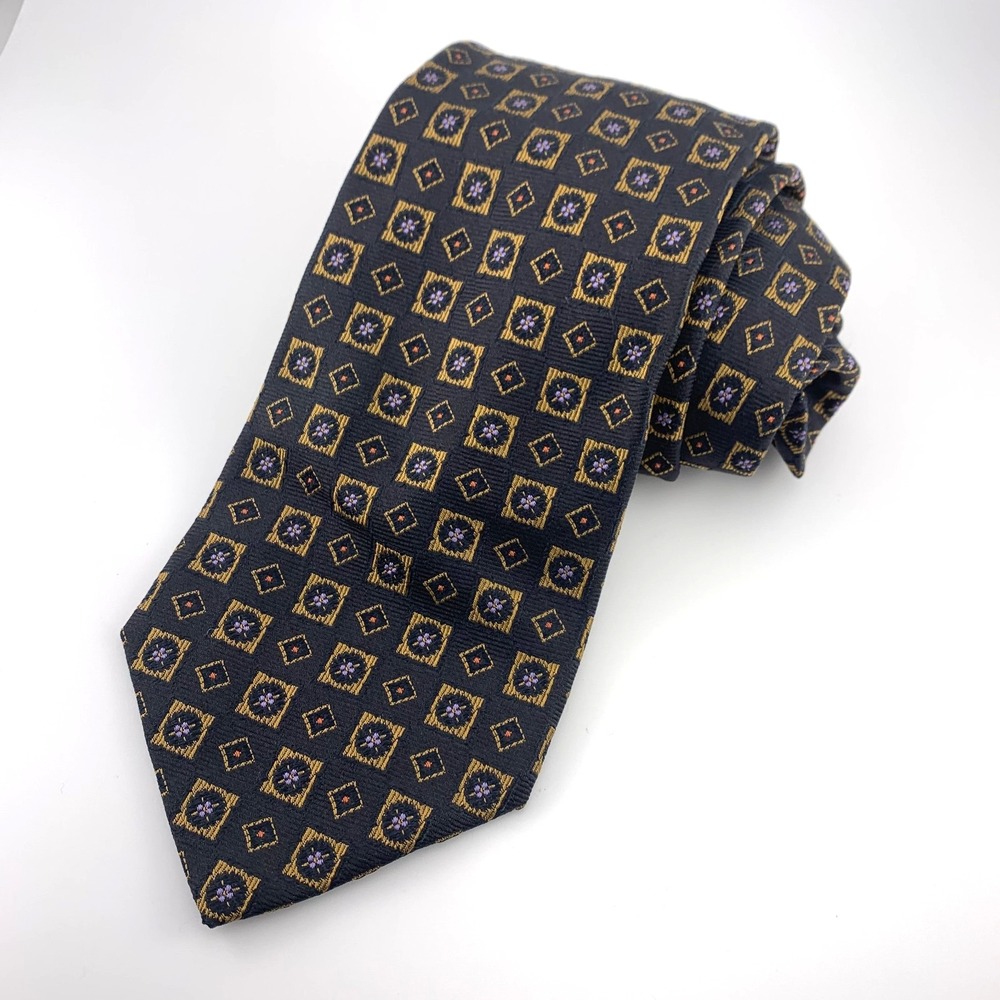 Trussini Cravatte Mens Tie Black & Gold Geometric Repp‎ 100% Silk Necktie